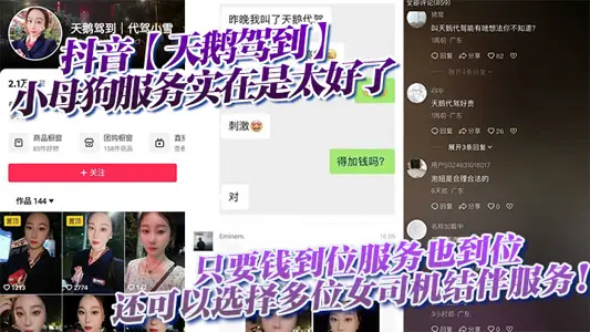 抖音【天鹅驾到】小母狗服务实在是太好了只要钱到位服务也到位，还可以选择多位女司机结伴服务！